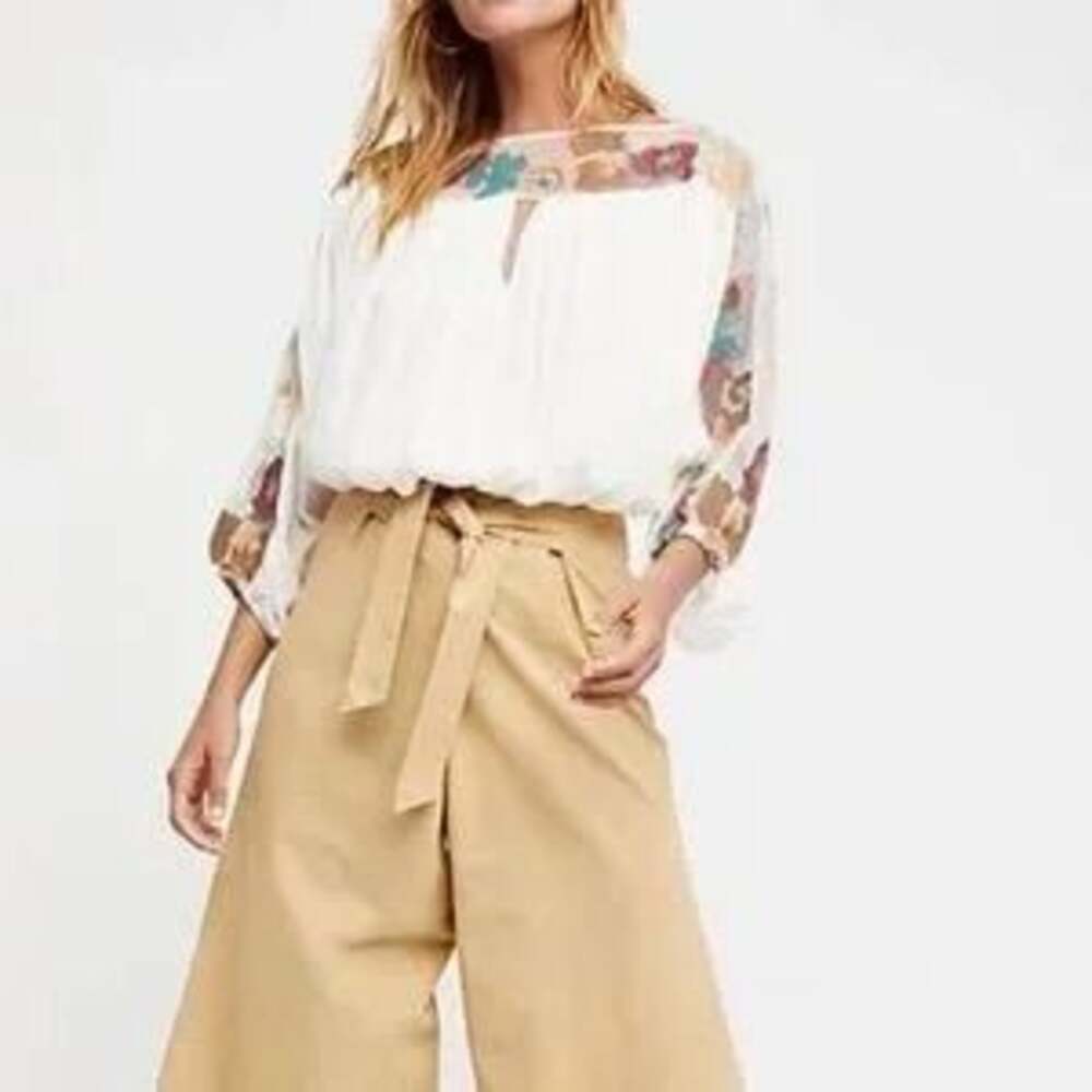 Free People Ivory Embroidered Boho Off‎ Shoulder Crop Blouse Elastic Hem M